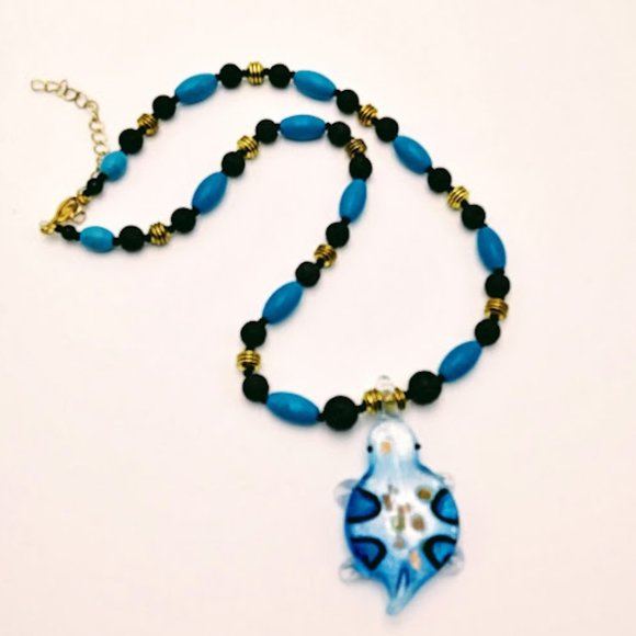 TURTLE*DICHROIC BLUE ART GLASS PENDANT*LAVA STONE*NECKLACE*TRENDY*HANDCRAFTED - Picture 4 of 7